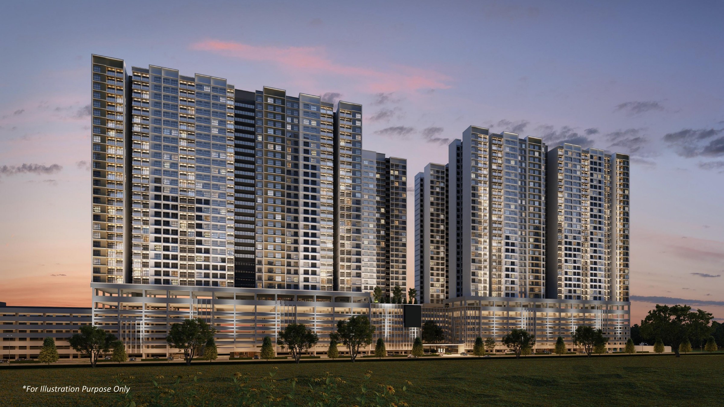 Permas Heights — Towers A to D at dusk