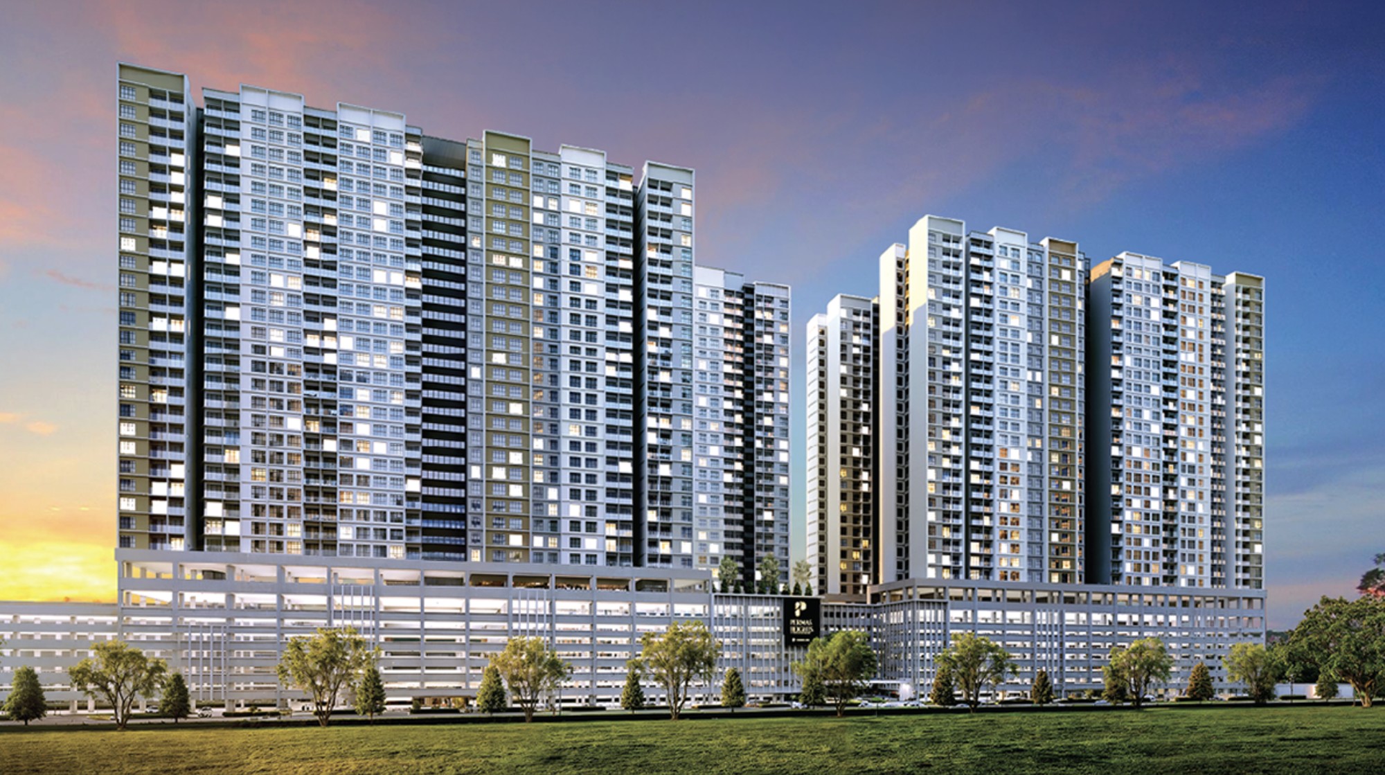 Permas Heights building facade at dusk